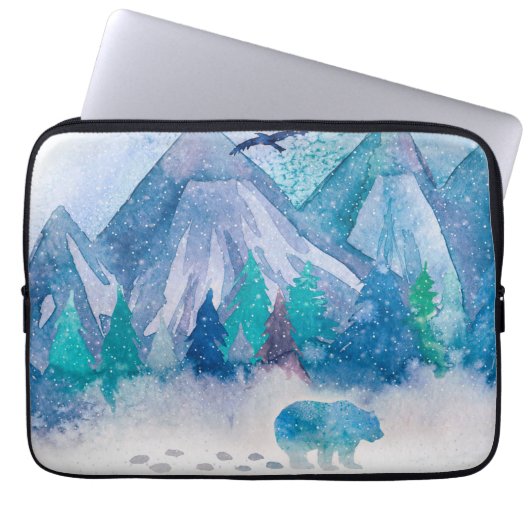 Blaue Aquarell-Winterberg-Landschaftskunst Laptopschutzhülle (Vorderseite)