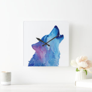 Blaue Aquarell-Wolfsheulen Quadratische Wanduhr