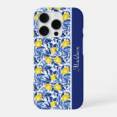 Blaue Aquarell-Zitronen-Muster-Monogramm-Name iPhone Hülle (Rückseite)