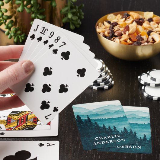 Blaue Aquarellberge und Waldlandschaft Spielkarten (In Situ)