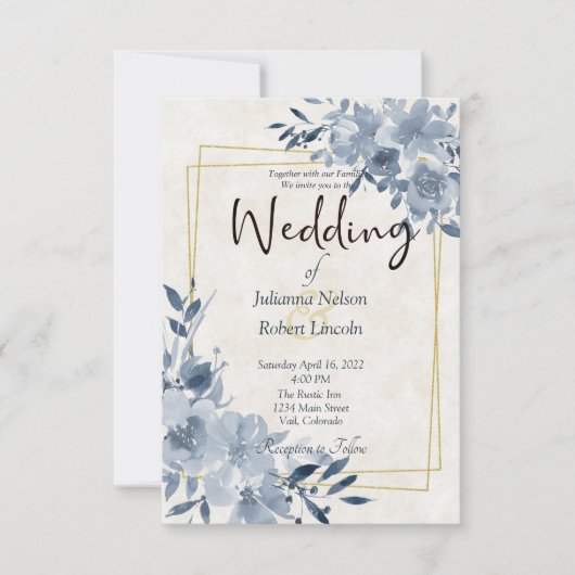 Blaue Aquarellblume und goldene Rahmen Hochzeitsfe Einladung (Vorderseite)