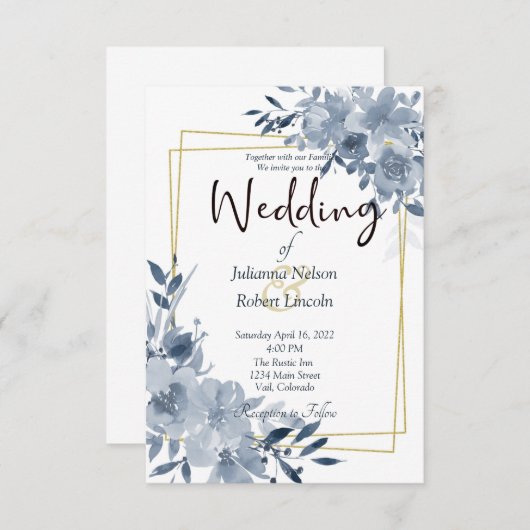 Blaue Aquarellblume und goldene Rahmen Hochzeitsfe Einladung (Vorne/Hinten)