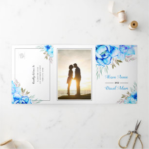Blaue Aquarellblumen Blumen Foto Hochzeit  Dreifach Gefaltete Einladung