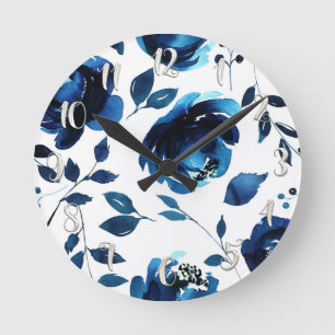 Blaue Aquarellblumen Elegant Chic Runde Wanduhr