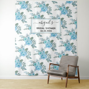 Blaue Aquarellblumen Hochzeitsdusche Wandteppich