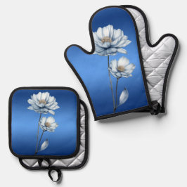 Blaue Aquarellblumen Ofenhandschuh & Topflappen-Set