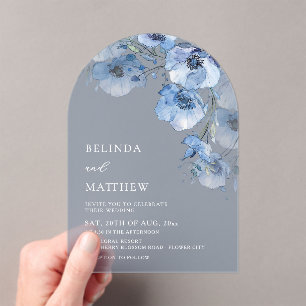 Blaue Aquarellblumen Transparente Casual-Hochzeit Acryleinladungen