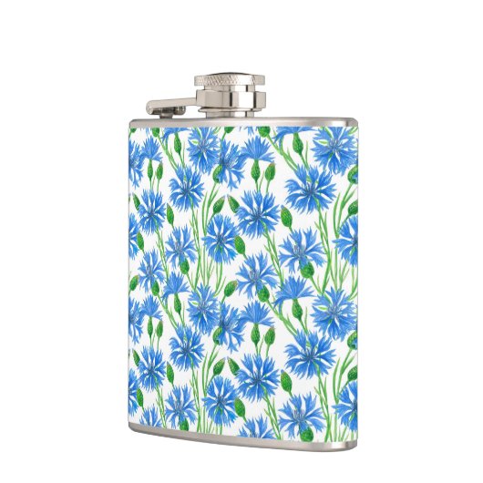 Blaue Aquarellblumen, weiße Blume Flachmann (Links)