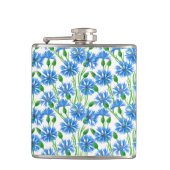 Blaue Aquarellblumen, weiße Blume Flachmann (Vorderseite)