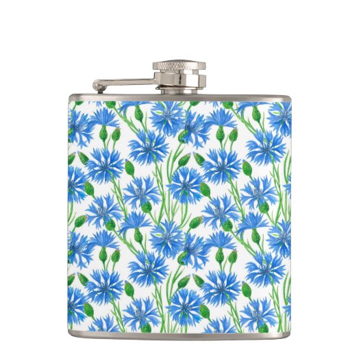 Blaue Aquarellblumen, weiße Blume Flachmann (Vorderseite)