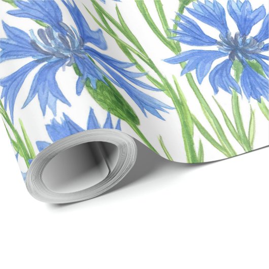 Blaue Aquarellblumen, weiße Blume Geschenkpapier (Rolleneckpunkt)