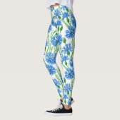 Blaue Aquarellblumen, weiße Blume Leggings (Links)