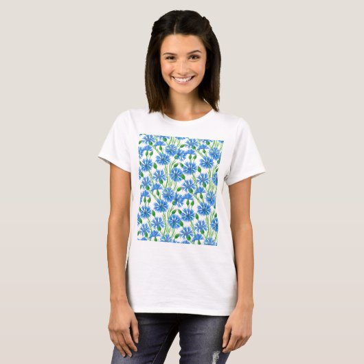 Blaue Aquarellblumen, weiße Blume T-Shirt (Vorne ganz)
