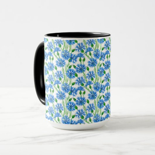 Blaue Aquarellblumen, weiße Blume Tasse (Vorderseite Links)