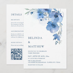 Blaue Aquarellblumen Weiße Bogen Einladung