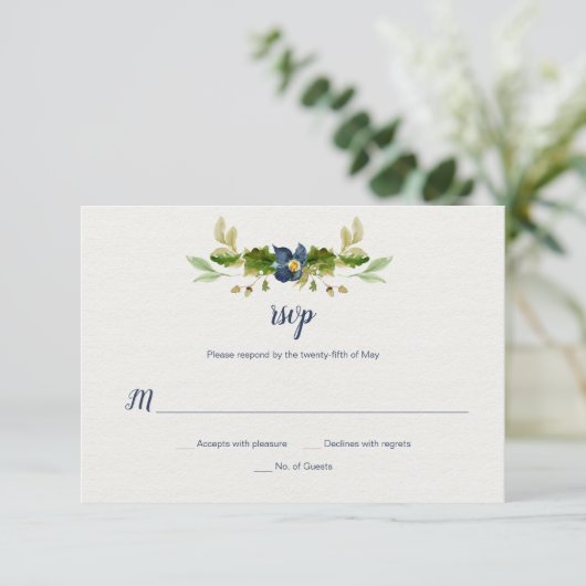 Blaue Aquarellblüten, Korns, Eichen-Blätter UAWG | RSVP Karte (Stehend Vorderseite)