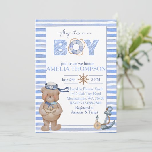 Blaue Aquarellbrasse Babydusche Einladung (Stehend Vorderseite)