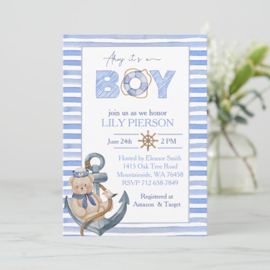 Blaue Aquarellbrasse Segelboot Babydusche Einladung (Stehend Vorderseite)