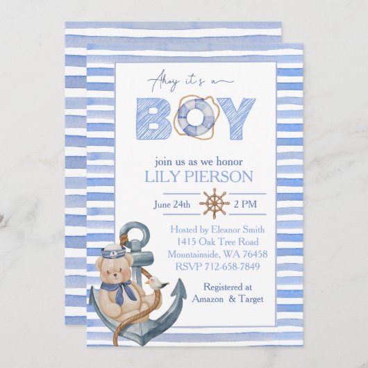 Blaue Aquarellbrasse Segelboot Babydusche Einladung (Vorne/Hinten)