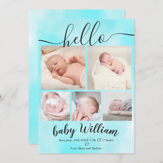 Blaue Aquarellfarbe 5 Grid Foto Geburt Ankündigung (Vorne/Hinten)