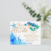 Blaue Aquarellfarbe Unterwasser Meerjungfrau Golde Einladungspostkarte (Stehend Vorderseite)