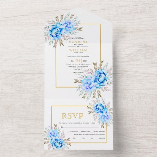 Blaue Aquarellfarben-Blume All In One Einladung (Innen Boden)