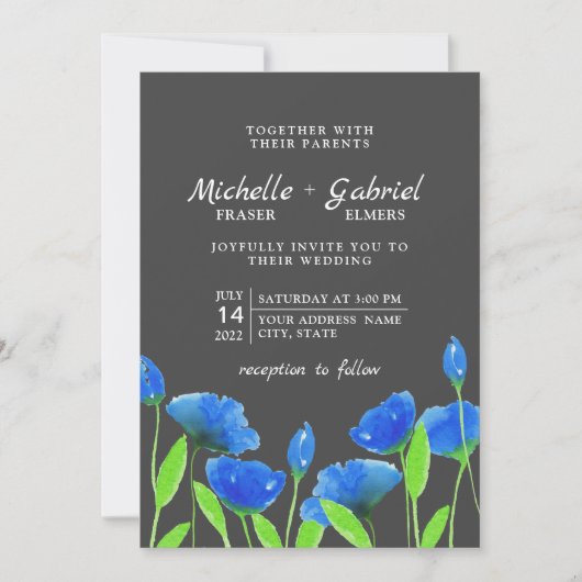 Blaue Aquarellfarben-Blume. Blumenhochzeit. Schwar Einladung (Vorderseite)