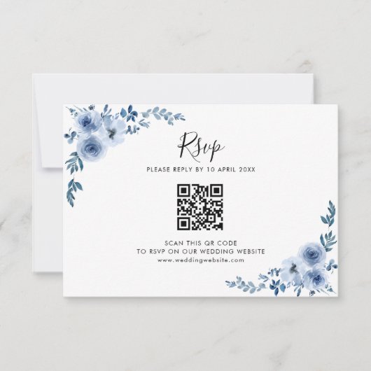 Blaue Aquarellfarben-Blume Hochzeit-QR-Code RSVP-K Dankeskarte (Vorderseite)
