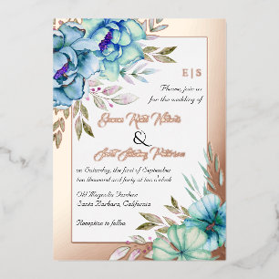 Blaue Aquarellfarben Blume Hochzeit Rose Goldfolie Folieneinladung