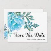 Blaue Aquarellfarben Blume Hochzeit Sichern des Da Ankündigungspostkarte (Vorne/Hinten)