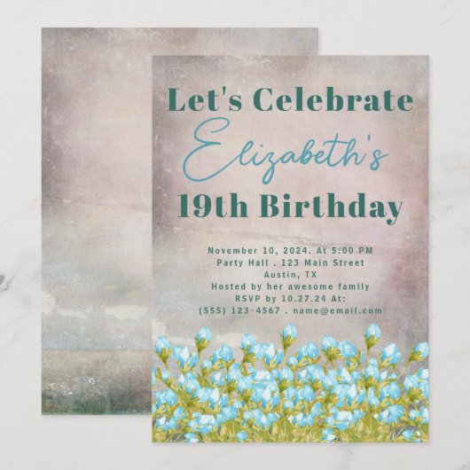 Blaue Aquarellfarben Blume Rustikaler Hintergrund Einladung (Vorne/Hinten)