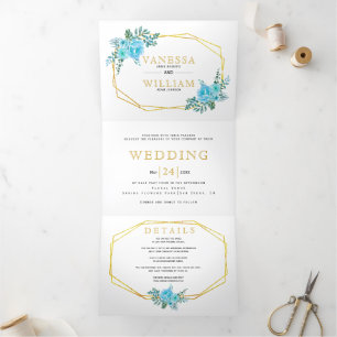 Blaue Aquarellfarben, geometrische Hochzeit Dreifach Gefaltete Einladung
