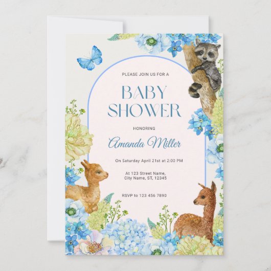 Blaue Aquarellfarben Niedliche Tiere Blume Kinderd Einladung (Vorderseite)