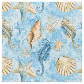 Blaue Aquarellfarben-Seepferde Starfish-Muster Stoff (Nahaufnahme)
