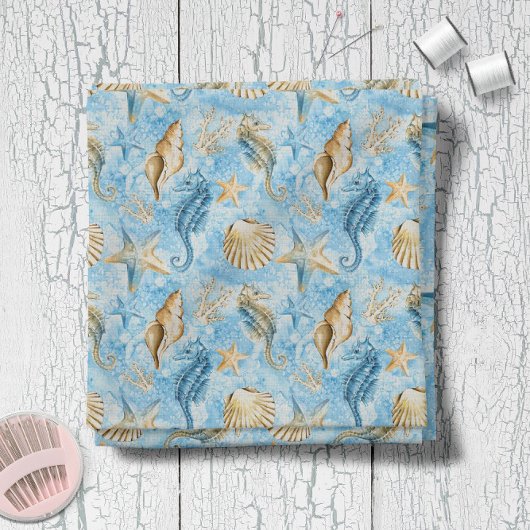 Blaue Aquarellfarben-Seepferde Starfish-Muster Stoff