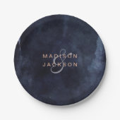 Blaue Aquarellfarben und Rose-Goldhochzeit Pappteller (Vorderseite)