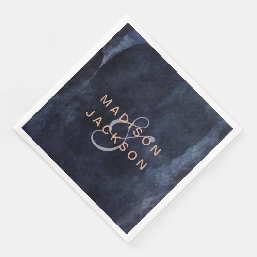 Blaue Aquarellfarben und Rose-Goldhochzeit Serviette (Ecke)