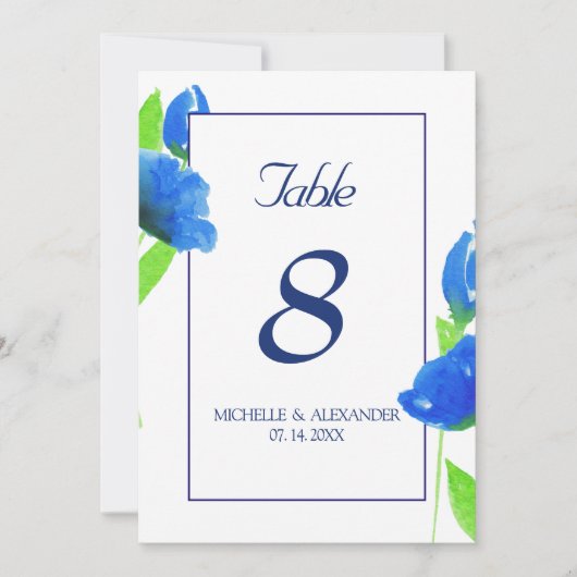 Blaue Aquarellfarben-Wildblumen Tischnummer-Karte Einladung (Vorderseite)