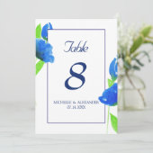 Blaue Aquarellfarben-Wildblumen Tischnummer-Karte Einladung (Stehend Vorderseite)