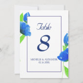 Blaue Aquarellfarben-Wildblumen Tischnummer-Karte Einladung (Rückseite)