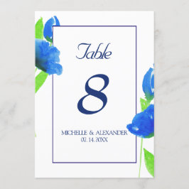 Blaue Aquarellfarben-Wildblumen Tischnummer-Karte Einladung