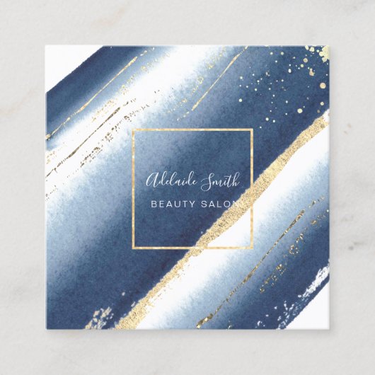 blaue Aquarellfarbenstriche und Imitate Goldfolie Quadratische Visitenkarte (Vorderseite)