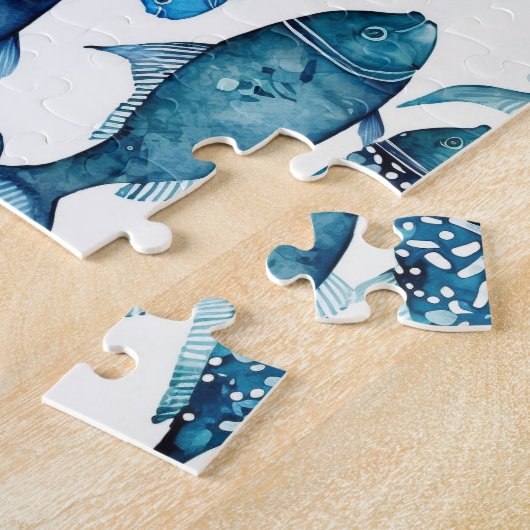 Blaue Aquarellfischaktivität Nautisches Spiel im O Puzzle (Seite)