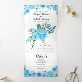 Blaue Aquarellkaktus Blume Hochzeit Dreifach Gefaltete Einladung