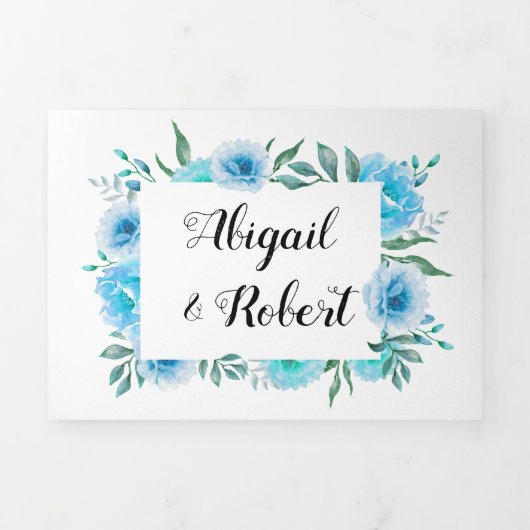 Blaue Aquarellkaktus Blume Hochzeit Dreifach Gefaltete Einladung (Cover)