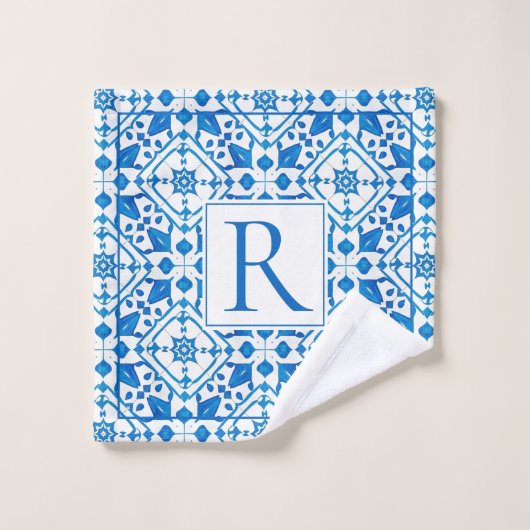 Blaue Aquarellkirche Griechisches Mittelmeerklima Badhandtuch Set (Waschlappen)