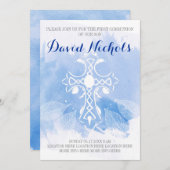 Blaue Aquarellkreuze Blätter Erste Heilige Kommuni Einladung (Vorne/Hinten)