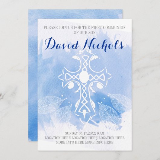Blaue Aquarellkreuze Blätter Erste Heilige Kommuni Einladung (Vorne/Hinten)