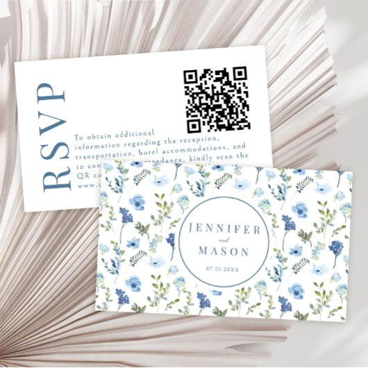 Blaue Aquarellmauer Hochzeit RSVP QR-Codelkarten Begleitkarte