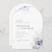 Blaue Aquarellmauer & Muscheln Hochzeit am Strand Einladung (Vorne/Hinten)